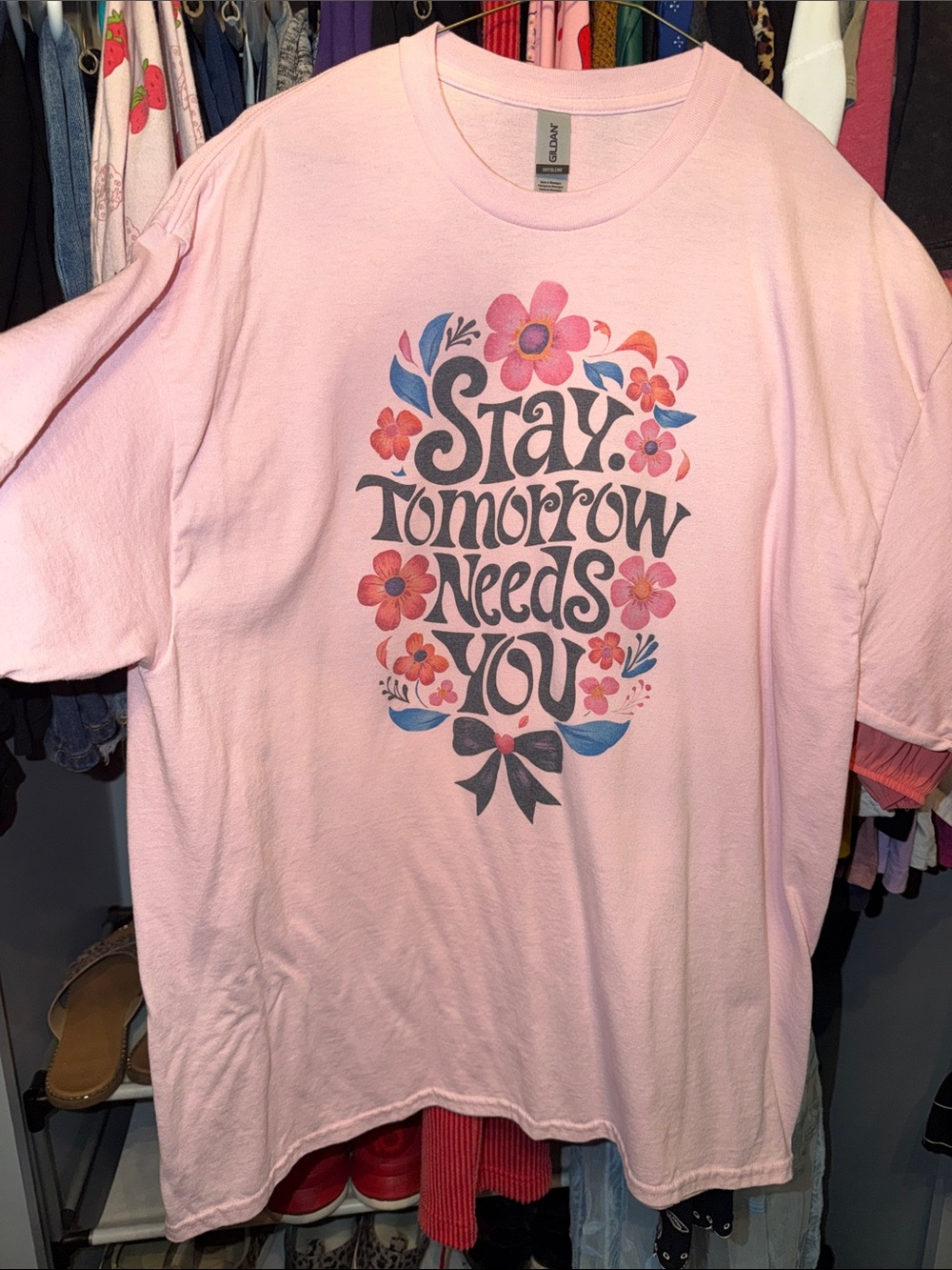 Gildan Light Pink Floral Graphic Tee - 'Stay Tomorrow Needs You'